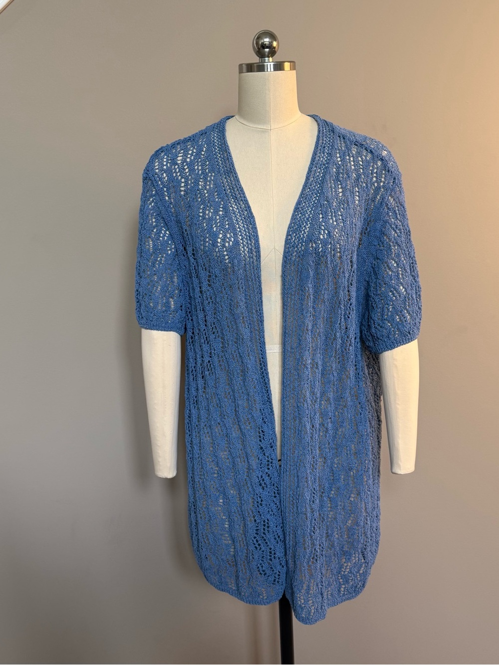 Coldwater Creek Blue Openwork Short-Sleeve Linen Blend Cardigan, 2X